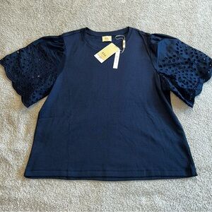 Elie Tahari Navy Blouse with Eyelet Sleeves